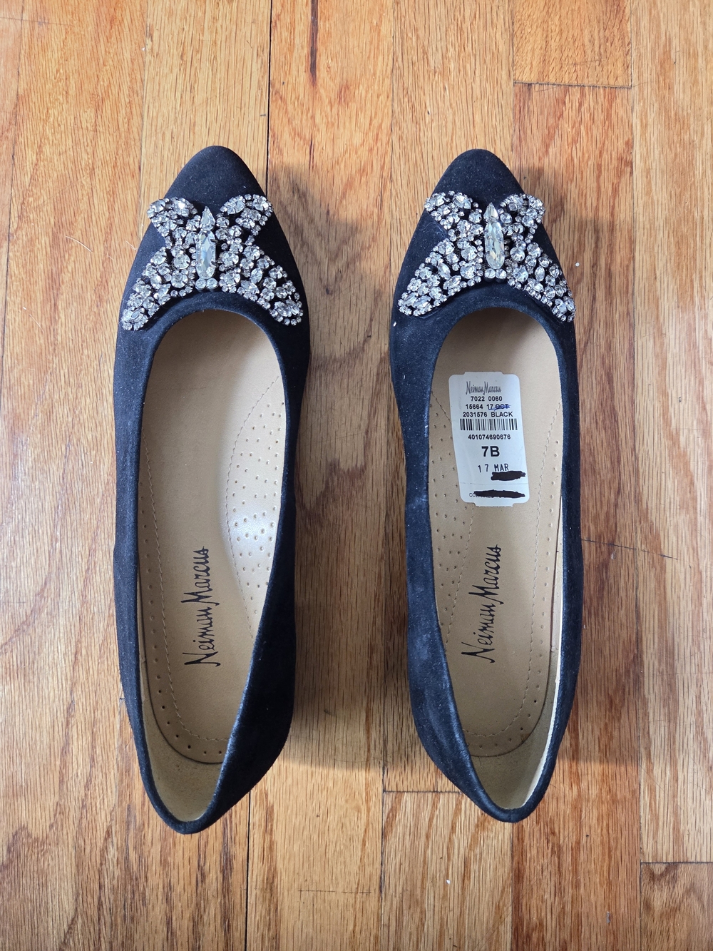 Neiman Marcus Black Crystal Bow Pointed Flats